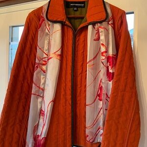 Orange Weatherproof Quilted Jacket with Red and White Flowered Scarf!
